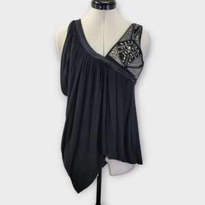 Miss‎ Me Tunic Top Size Small Black Studded Asymmetric Hem Drapey Ruched Western